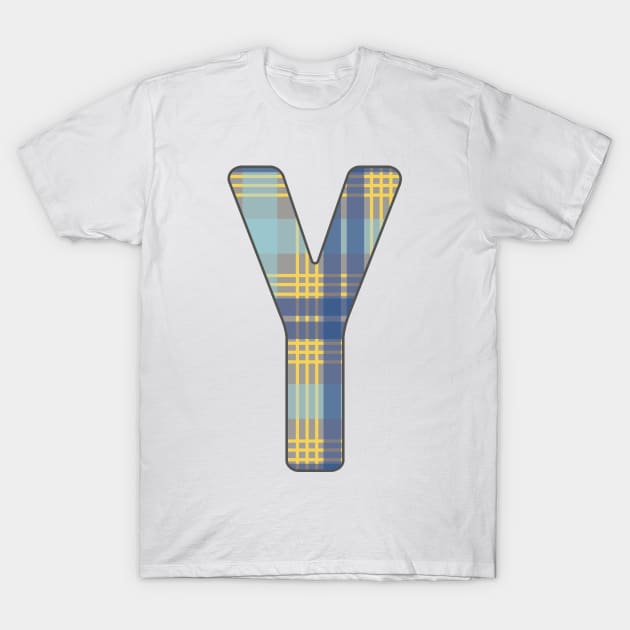 Monogram Letter Y, Blue, Yellow and Grey Scottish Tartan Style Typography Design T-Shirt by MacPean